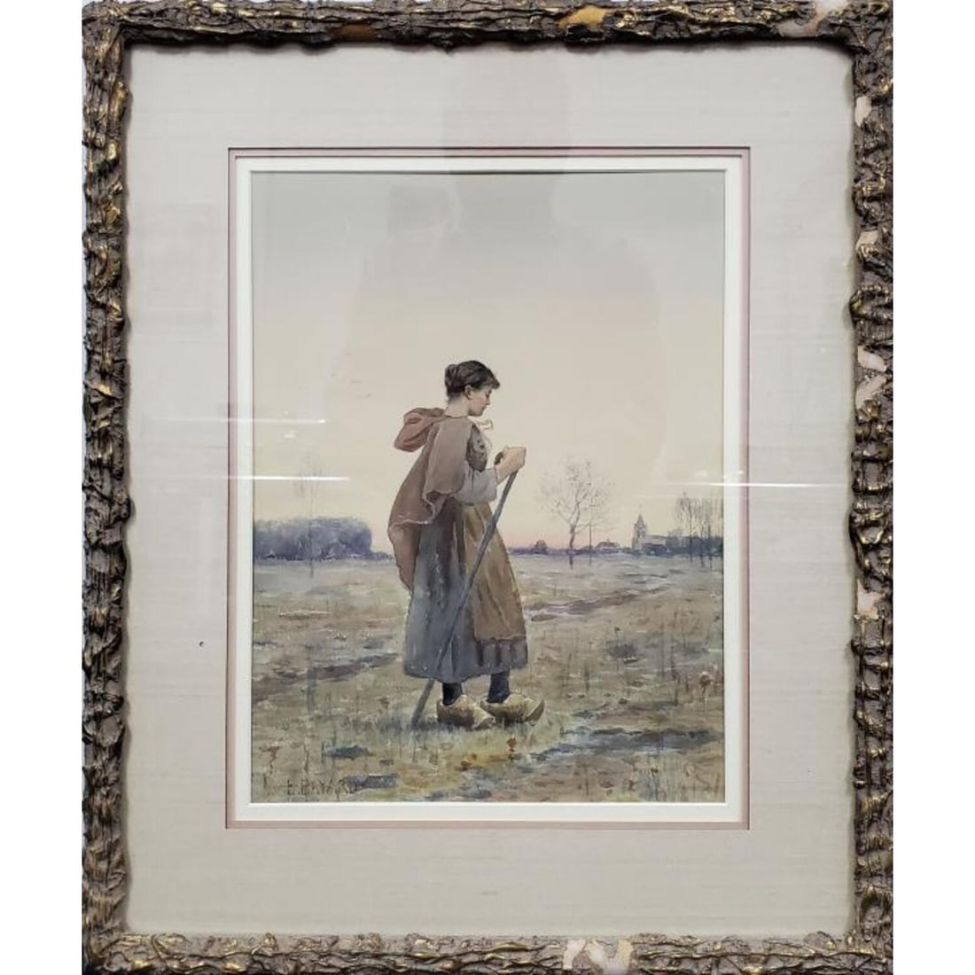 Antique Signed E. Bayard Painting, Watercolor: Exceptional Antique Signed E. Bayard Painting, Watercolor on Paper "Farm Girl". Maybe Emile Bayard, French (1837-1891). Signed Lower Left. Beautifully Framed Under Glass. Not Examined Out of Frame.