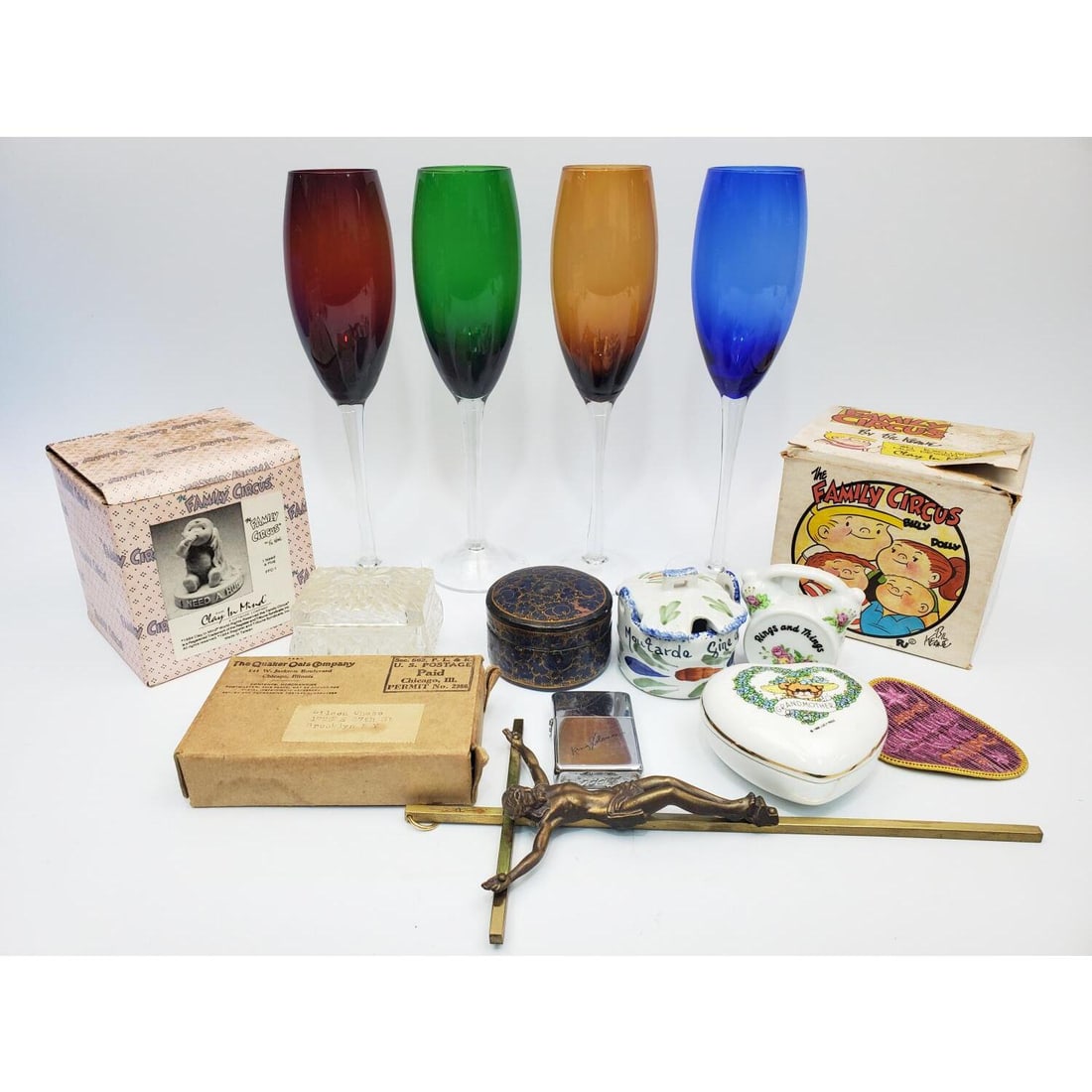 Group Lot of Miscellaneous Vintage Items: Group Lot of Miscellaneous Vintage Items Including Porcelain, Boxes, Glass Champagne Flutes & 2 Items Signed By Cartoonist Bil Keane. Also Includes Many Other Items. Condition: Generally Good, As