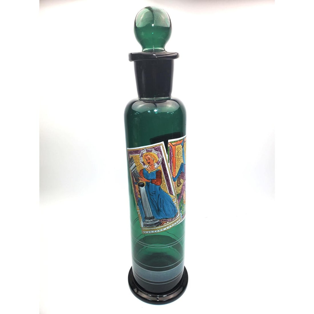Vintage Enameled Green Art Glass Large Decanter: Vintage Enameled Green Art Glass Large Decanter w/ Stopper. Condition: Generally Very Good. Dimensions: H-23" x Dia-6". Provenance: From a Long Island, NY Home. Please note the absence of a Condition