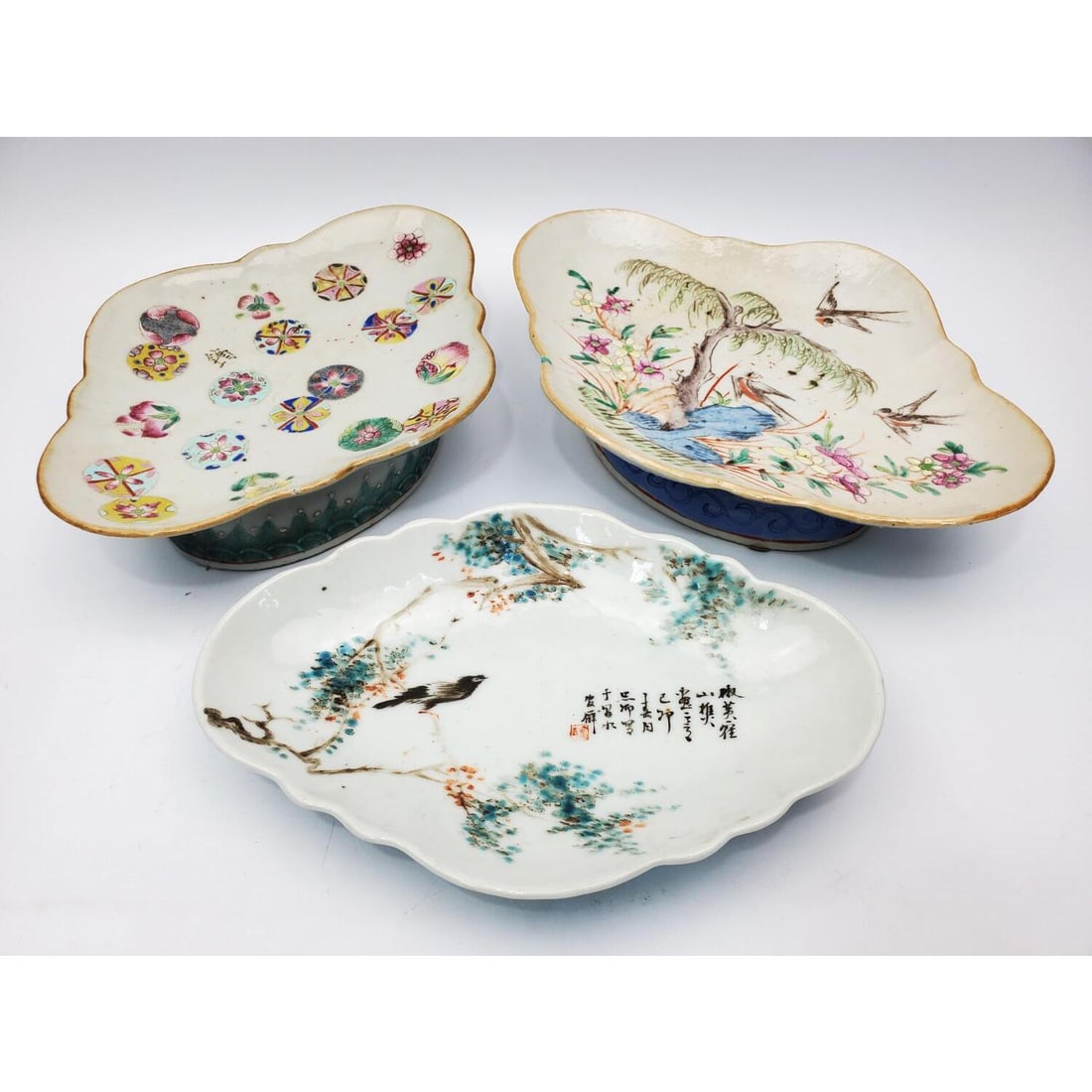 Lot of 3 Chinese Enamel Porcelain Dishes: Lot of 3 Chinese Enamel Porcelain Dishes. Condition: 2 Are Generally Good & 1 w/ Chips on The Edges. Dimensions: Largest-L-9.25" x W-7" x H-2.25". Provenance: From a Long Island, NY Home. Please note