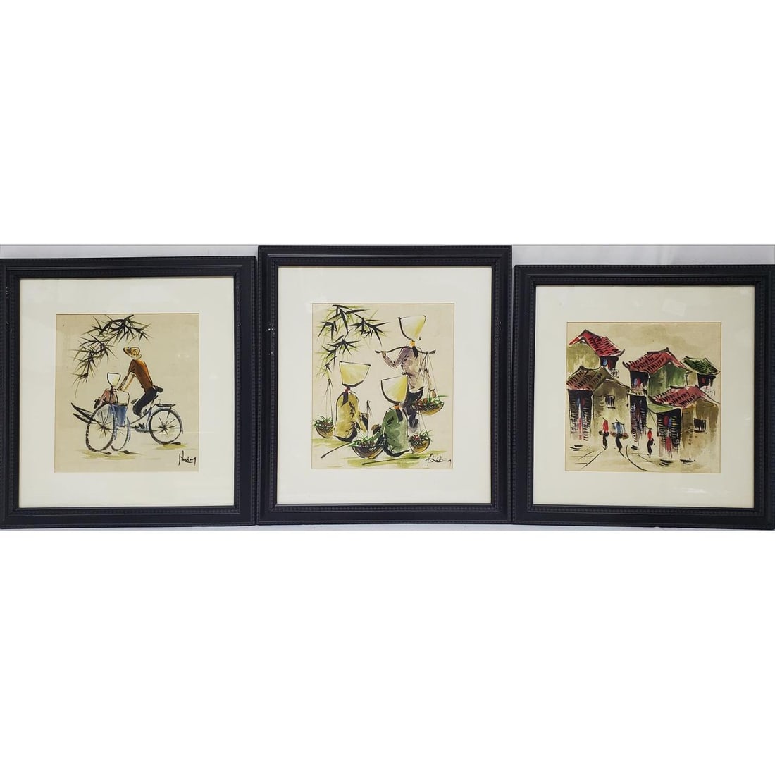 Set of 3 Asian Paintings Watercolor on Rice Paper (1 of 5)