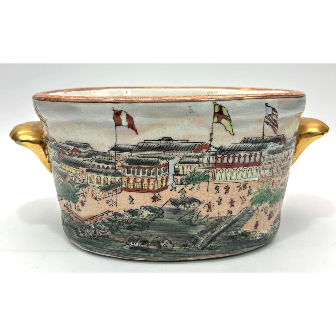 Chinese Hand-Painted Export Porcelain Fish Bowl: Chinese Export Porcelain Fish Bowl w/ Hand-Painted Views of The Foreign Merchant Factories "Hongs" on The Exterior & 3 Koi Fish on The Interior. Condition: Generally Good. Dimensions: L-11" x W-6.25"