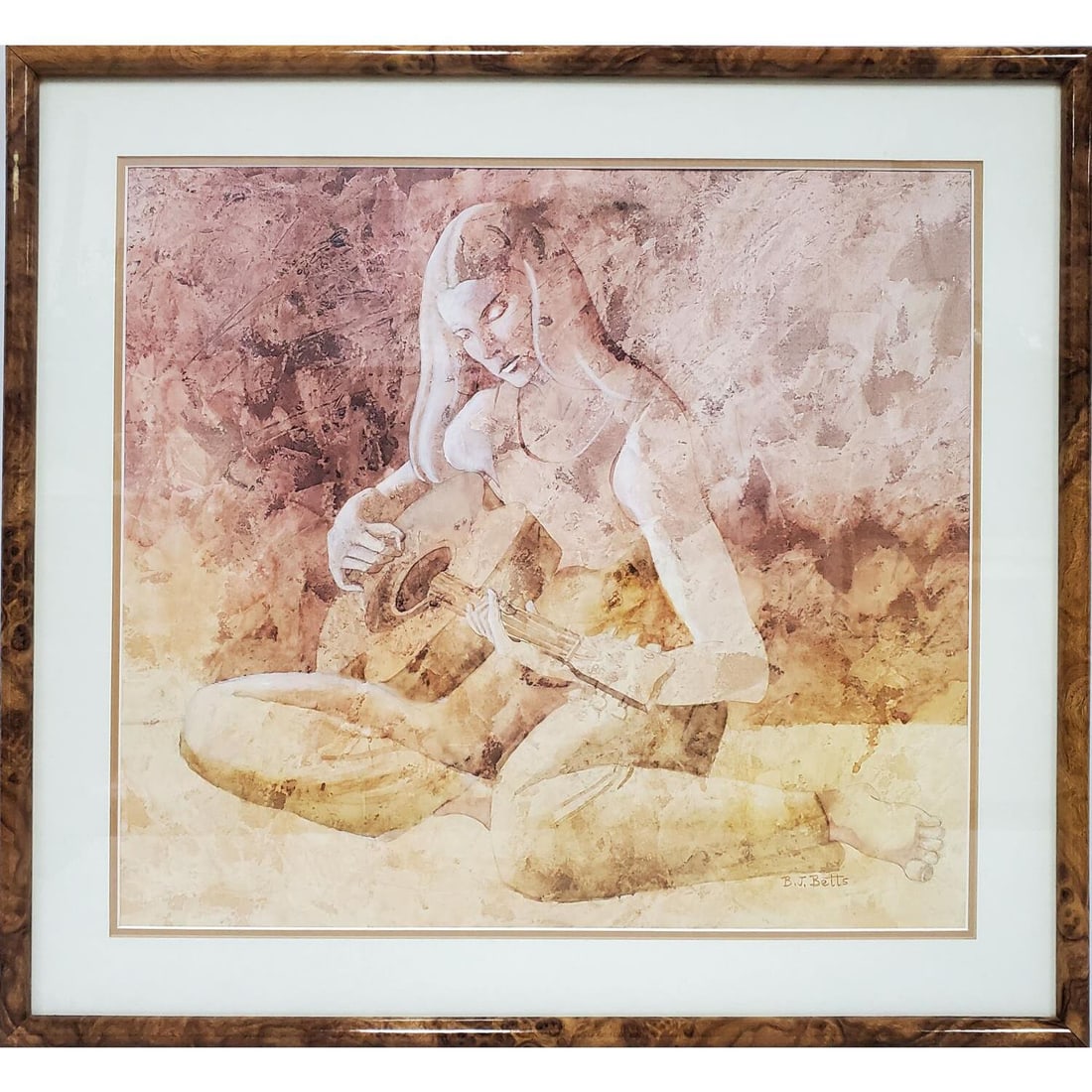 Signed "B.J. Betts" Painting Watercolor on Paper: Signed "B.J. Betts" Painting Watercolor on Paper "Guitar Player". Signed Lower Right. Beautifully Framed Under Glass. Has Not Been Examined Out of Frame. Condition: Excellent. Dimensions: Sight-20" x