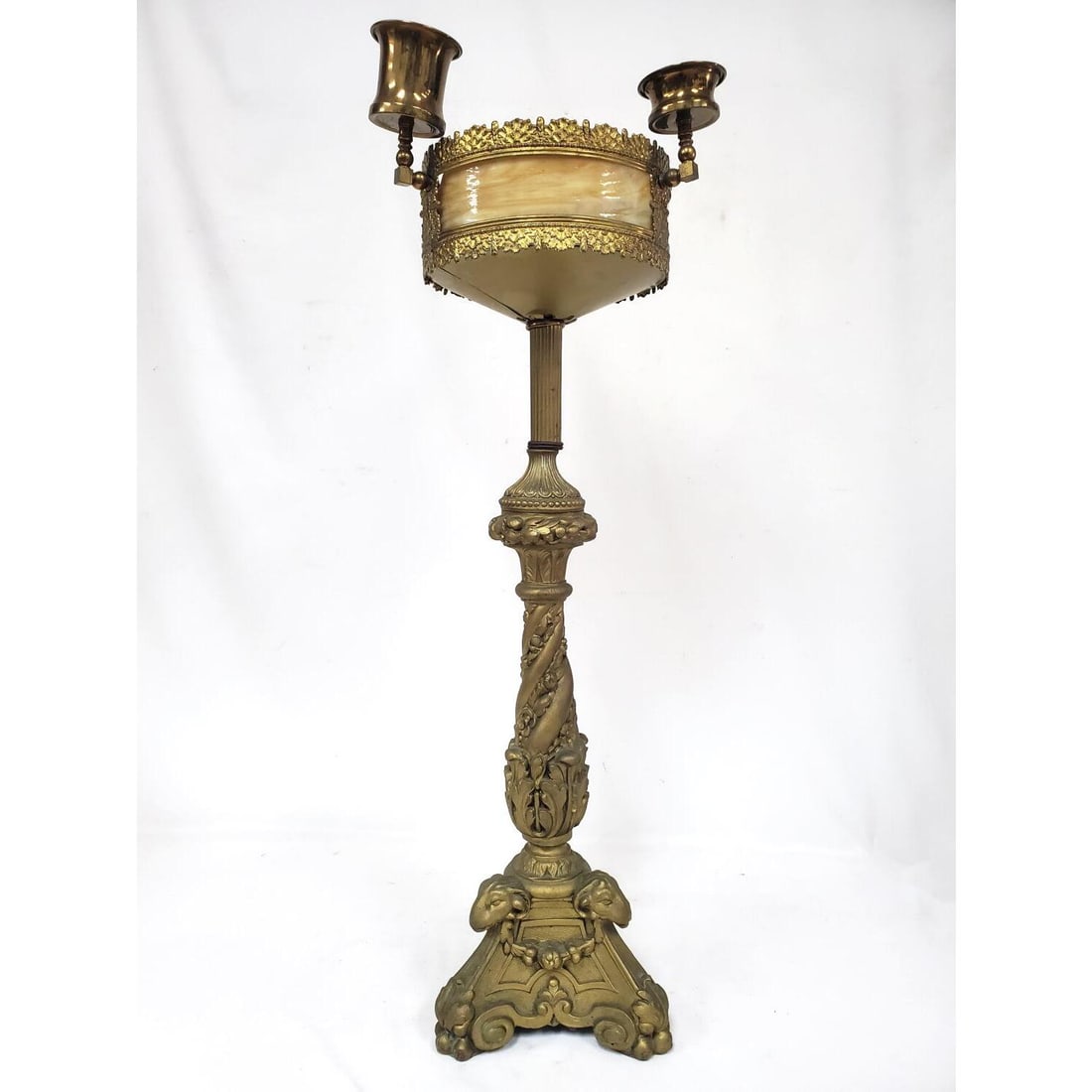 Antique Heavy Metal & Slag Glass Banquet Lamp: Antique Heavy Metal & Slag Glass Banquet Lamp w/ Rams Head Base. Condition: Generally Good. One of The Glass Panels Has Broken off But Available. Please Note- We Do Not Guarantee the Workability or Wi