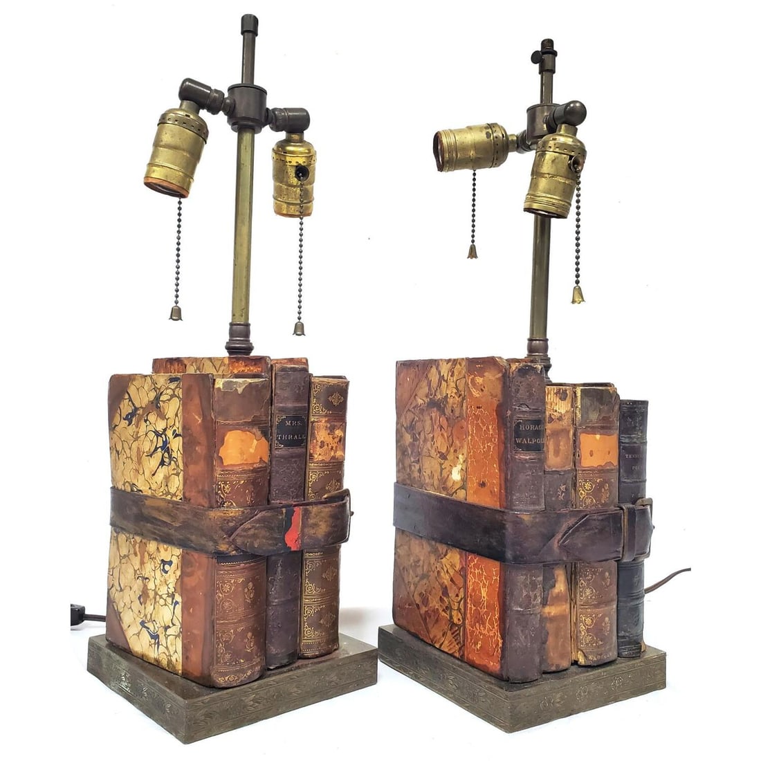 Pair Unusual Desk Lamps Made of Old Leather Books (1 of 3)