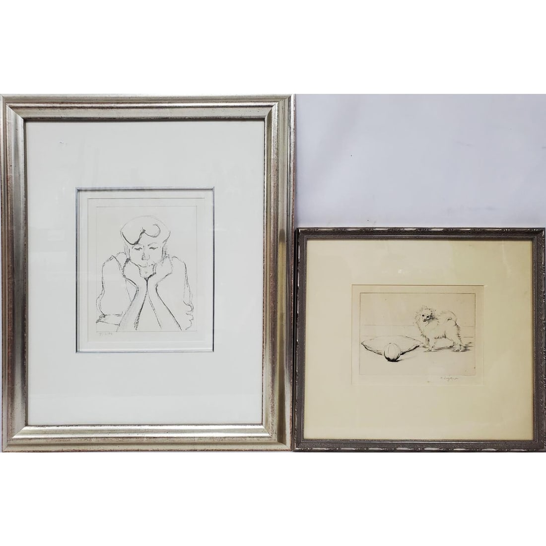 Lot of 2 Etchings: Lot of 2 Etchings. 1 is a "Pomeranian w/ Bowl" Pencil Signed Lower Right. The Other is "Seated Woman" Dated Lower Left. Both Are Beautifully Framed Under Glass & Have Not Been Examined Out of Frame. C