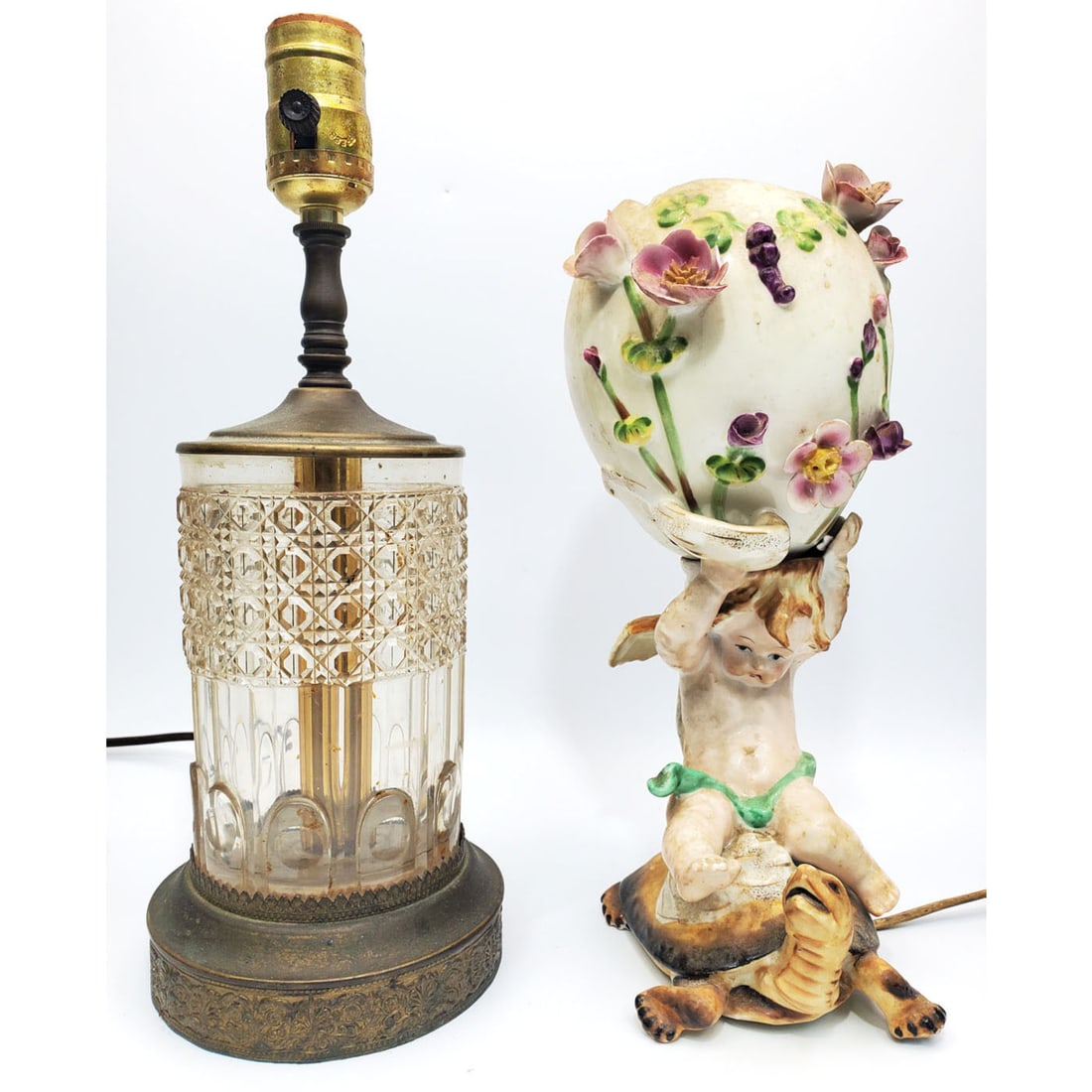 Antique Cut Glass Lamp Base & Porcelain Lamp: Antique Cut Glass Lamp Base Along w/ a Continental Porcelain Lamp. Condition: Porcelain Lamp Has Been Restored. Please Note- We Do Not Guarantee the Workability or Wiring of Any Lamps or Chandeliers.