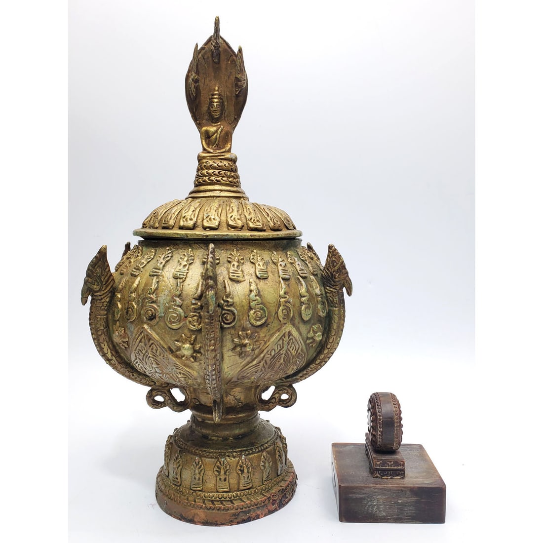 Chinese Wooden Stamp Along w/ a Bronze Lidded Jar (1 of 5)