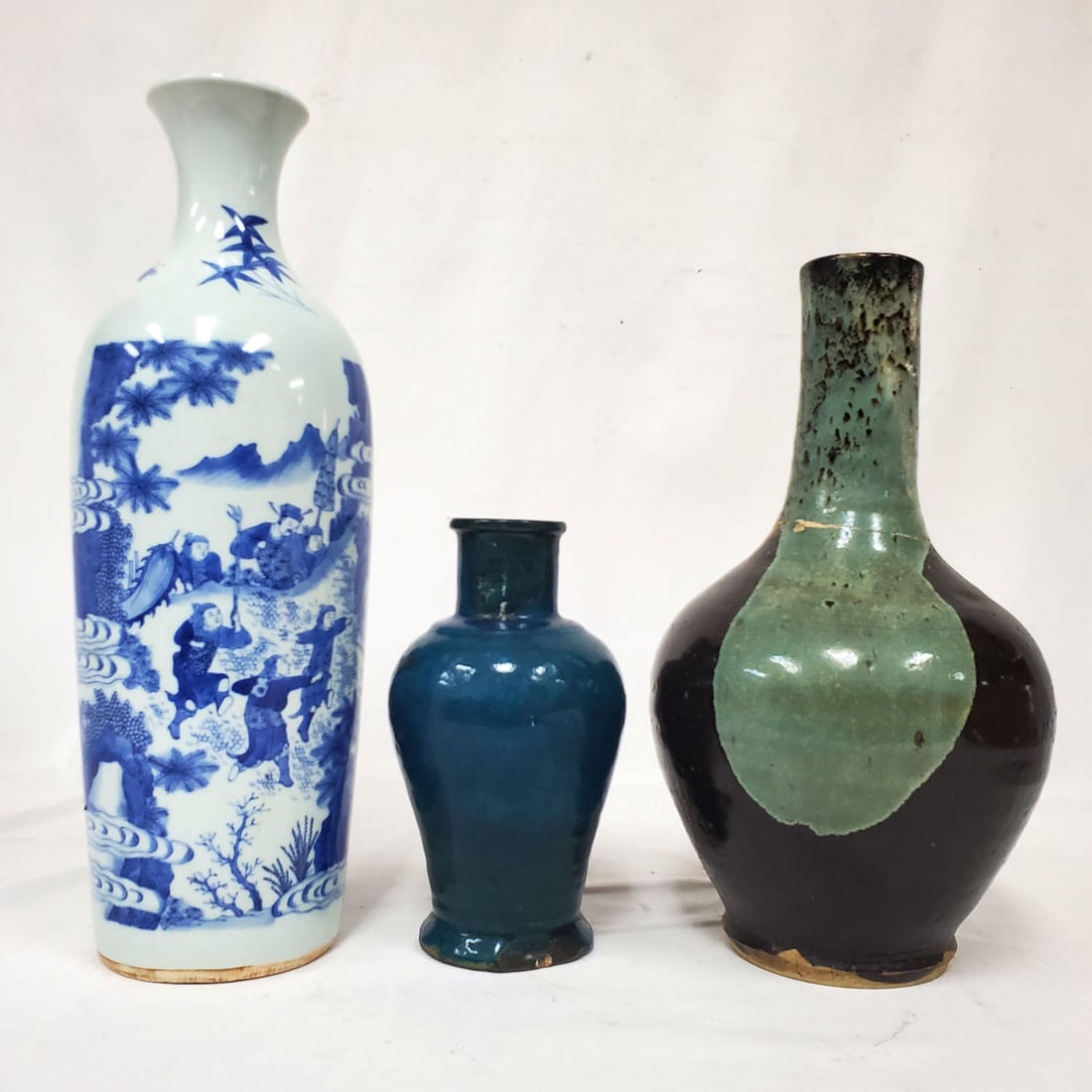 Lot of 3 Chinese Porcelain Vases: Lot of 3 Chinese Porcelain Vases Including 1 Blue & White & 2 Others. Condition: Generally Good. 2 Have Some Repairs & Small Chips. Dimensions: Largest H- 16.5" x W- 6.5". Provenance: From a Long Isla