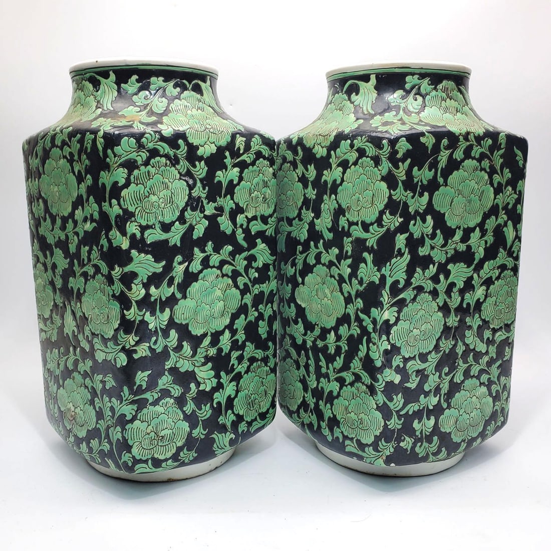 Pair of Chinese Black & Green Porcelain Vases (1 of 3)