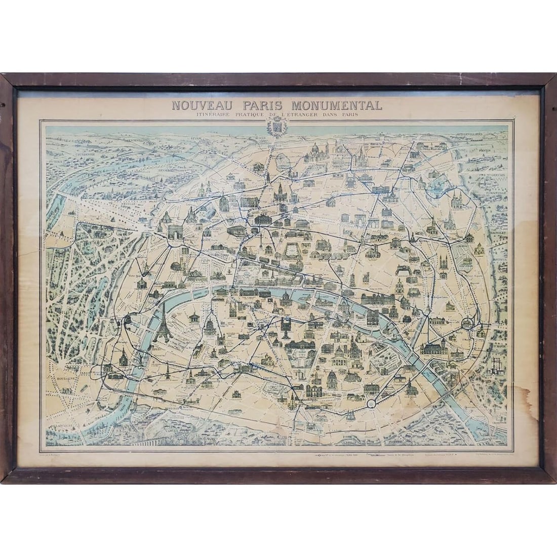 Antique French Double Sided Pictorial Map of Paris: Antique French Double Sided Pictorial Tourist Map of Paris "Nouveau Paris Monumental" c. Late 19th C. Published by Garnier Freres & Engraved by L. Poulmaire. One Side Is "Nouveau Paris Monumental" & T