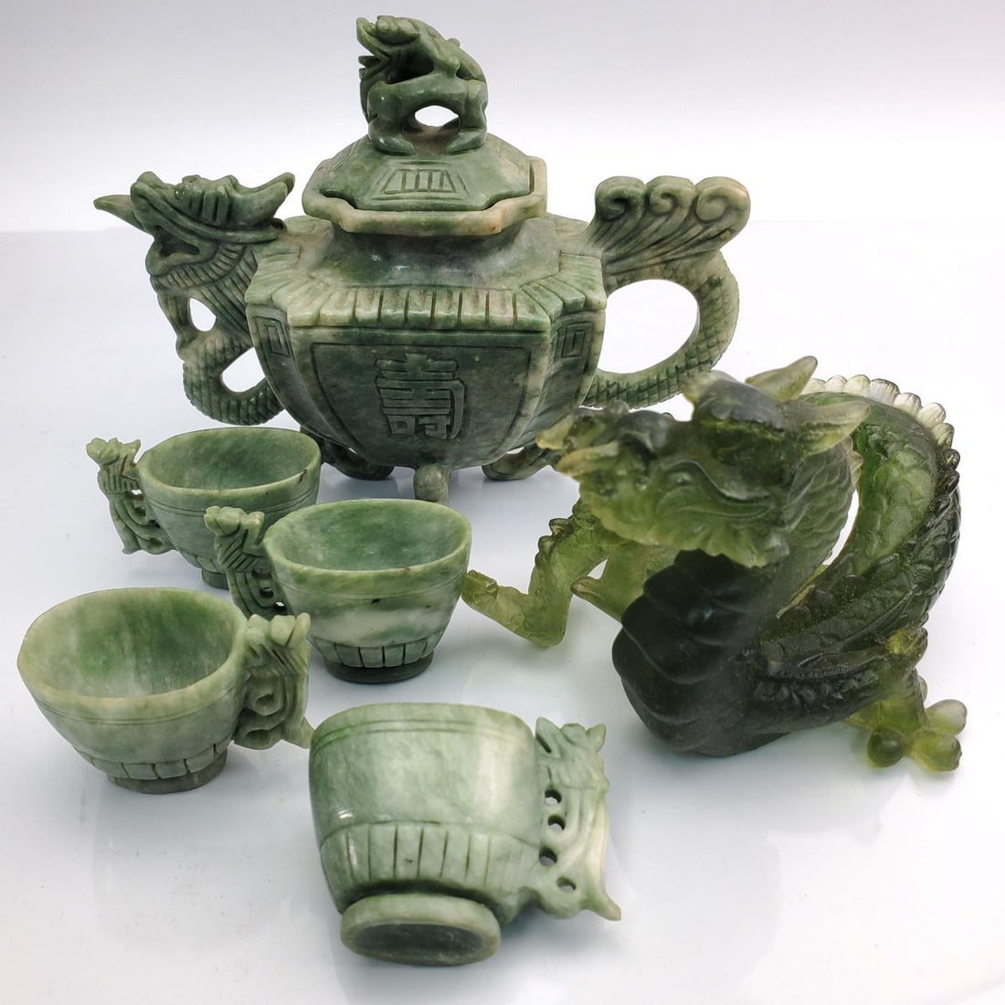 Chinese Hard Stone Covered Teapot w/ 4 Cups (1 of 4)