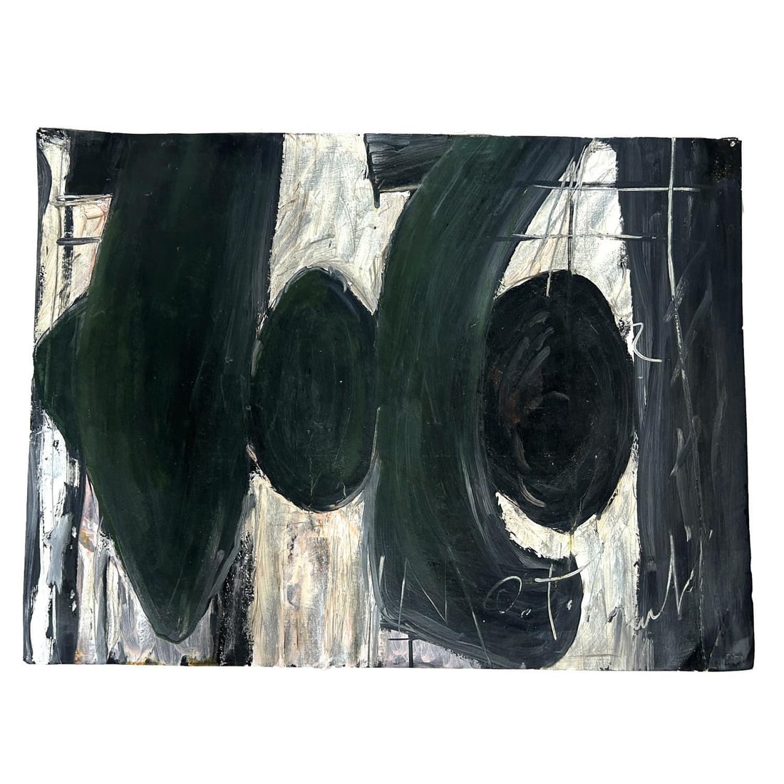 Robert Motherwell, American (1915-1991) Attrib.: Robert Motherwell, American (1915-1991) Attribution Painting Acrylic on Canvas Paper. "Black, Green & White Elegy" Signed Lower Right. Unframed. Condition: Small Tear on The Lower Right Edge. Heavy Fo