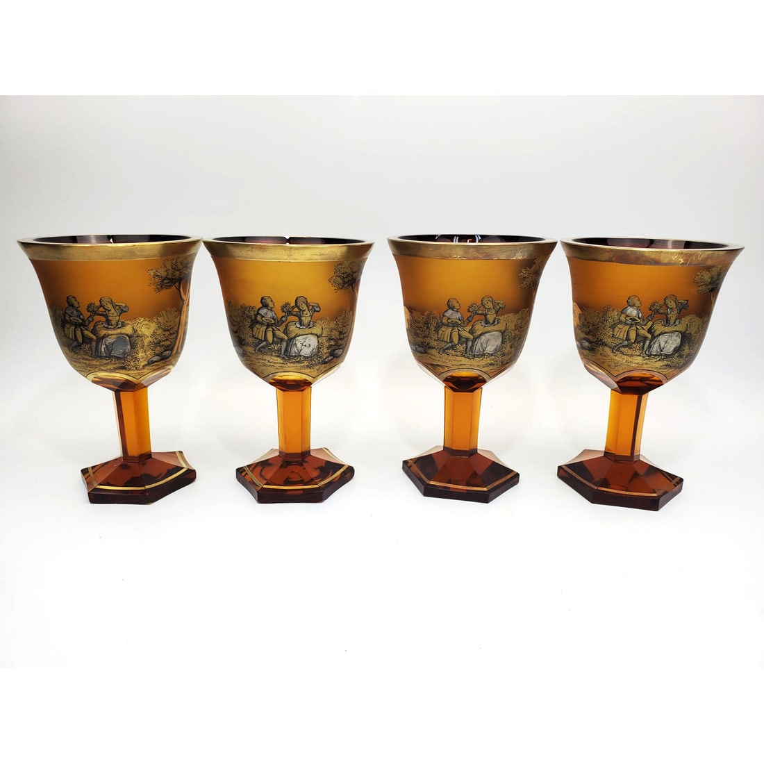 Lot of 4 Moser Amber Glass Gold Gilt Goblets (1 of 4)