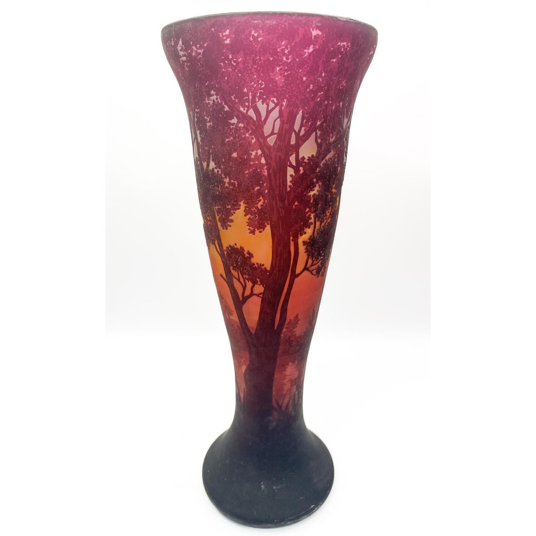 Large Daum Nancy Art Nouveau Cameo Glass Vase: Very Large Daum Nancy French Art Nouveau Cameo Glass Scenic Vase "Sunset". Fully Signed. Originally Purchased From Christie's Auction House in February 2011.Condition: Excellent. Dimensions: H-19.5".