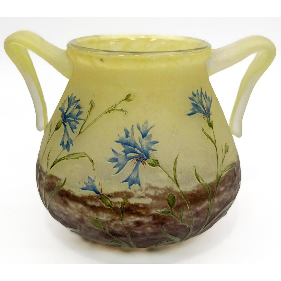 Fine Daum Nancy Cameo Glass & Enameled Vase: Fine Daum Nancy French Art Nouveau Cameo Glass & Enameled 2 Handle Vase Depicting Cornflowers. Circa 1900. Fully Signed. Condition: Excellent. Dimensions: H- 4" x Handle to Handle- 5.6". Provenance: F