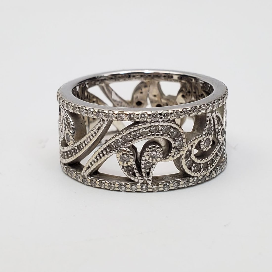 Fine 14K White Gold & Diamonds Wide Band Ring (1 of 3)