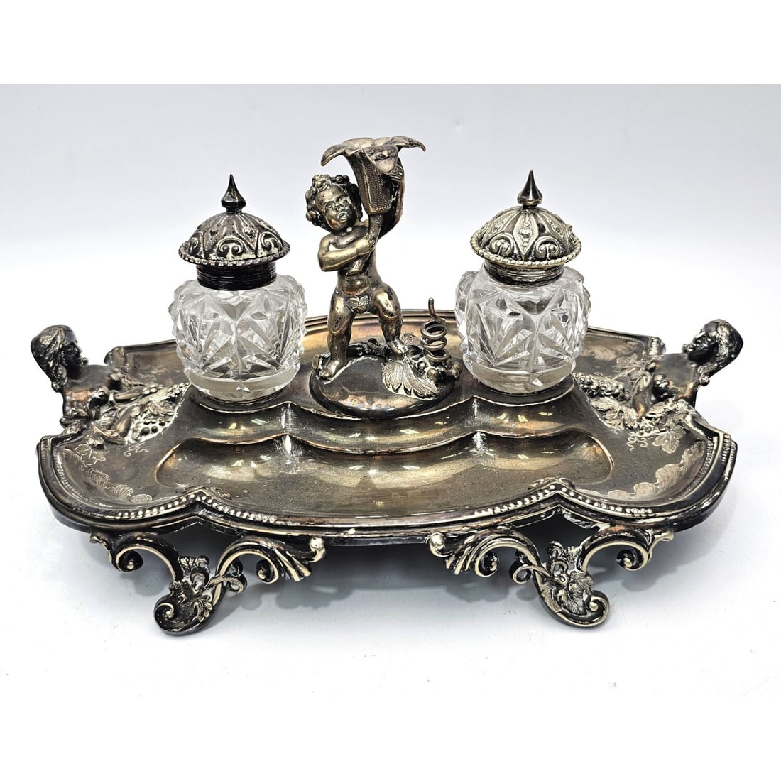 Antique English Victorian Silver-Plated Inkwell (1 of 5)