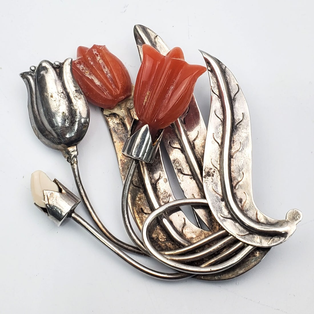 Large Antique Silver Brooch w/ Agate Flowers (1 of 2)