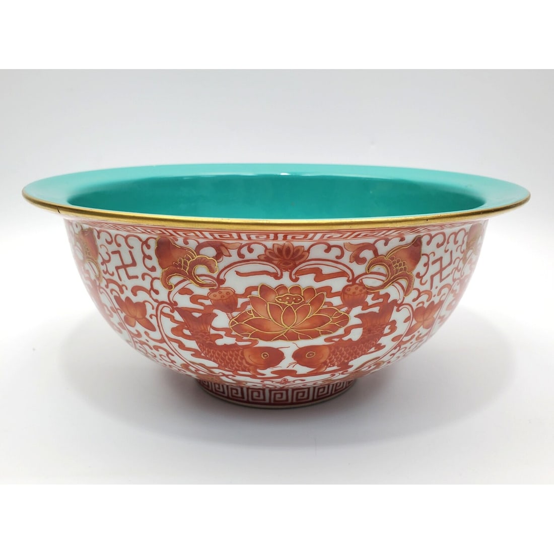 Chinese Signed Qing Dynasty Porcelain Bowl: Chinese Signed Qing Dynasty Coral & White Porcelain Bowl w/ Turquoise Interior. Condition: Generally Very Good. Dimensions: H-4" x Dia-9". Provenance: From a Long Island, NY Home. Please note the abse