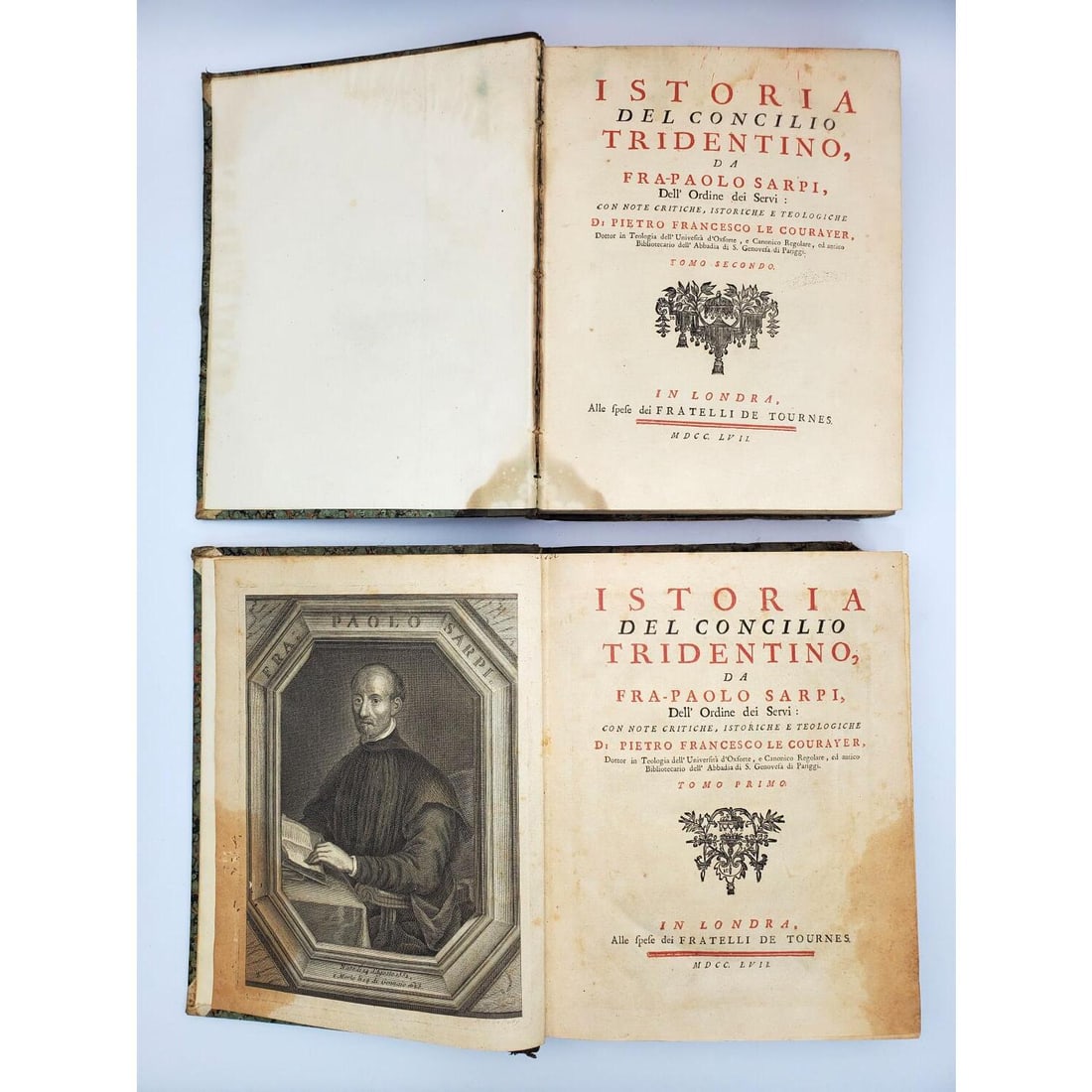 2 Antique Books "Istoria Del Concilio Tridentino": 2 Antique 18th C. Books c.1757 Titled "Istoria Del Concilio Tridentino" by Paolo Sarpi. Published in London by Fratelli De Tournes. Condition: As Is w/ Stains, Yellowing & Losses. Dimensions: 10.25" x