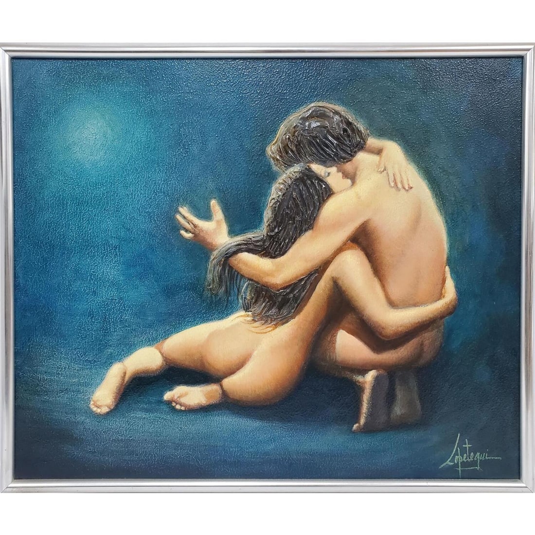 Juan Lopetequi, Cuban/American (b.1931) Painting: Juan Lopetequi, Cuban/American (b.1931) Painting Oil on Canvas. "Man & Woman Embracing". Signed Lower Right. In Original Frame.Condition: Generally Very Good. Dimensions: Sight-24" x 20". Frame-26.25"