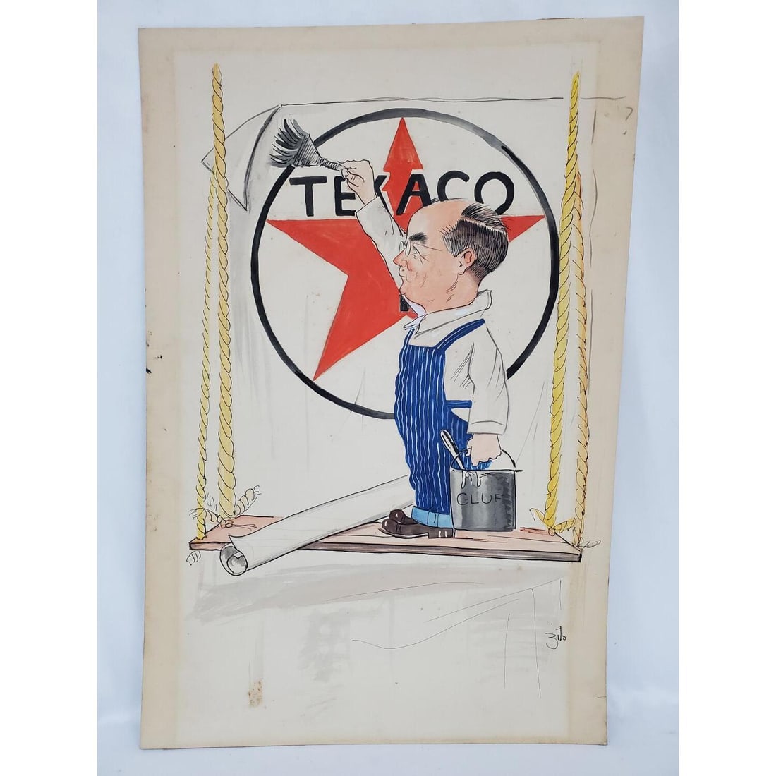 Petroliana "Texaco" Signed Antique Watercolor: Petroliana Signed "Zilo" Antique Painting Watercolor & Ink on Board "Texaco". Unframed. c.1930's or 40's. Condition: Generally Good w/ Yellowing Due to Age. Dimensions: 30" x 20". Provenance: From a L