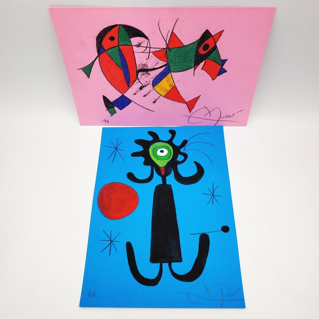 After Joan Miro, Lot of 2 Drawings: After Joan Miro, Spanish (1893-1983) 2 Drawings Mixed Media on Paper. Both Are Signed & Marked P.A. We Do Not Guarantee the Authenticity of This Item. Condition: Generally Very Good. Dimensions: Each-