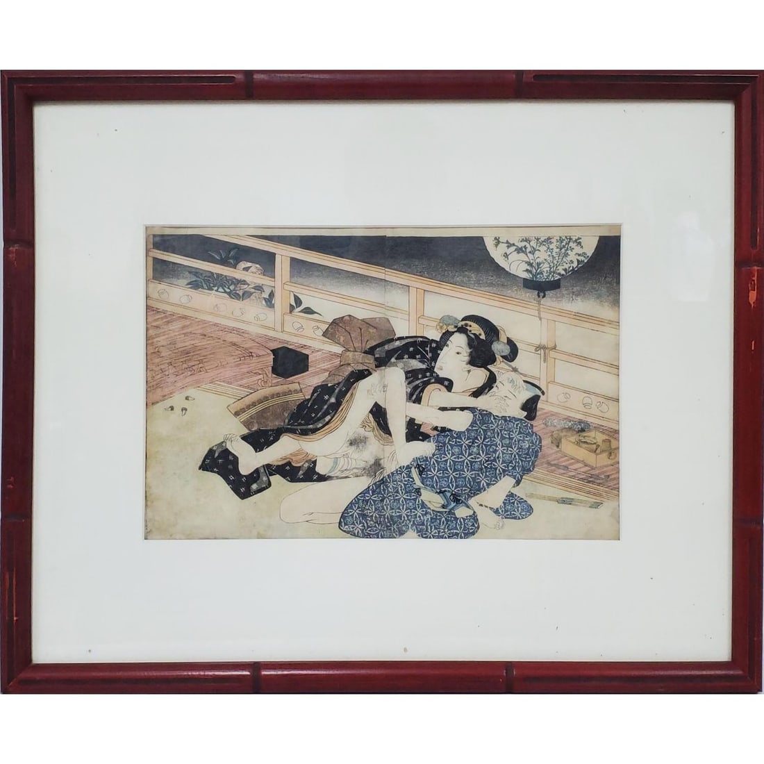Antique Japanese Shunga Erotic Woodblock Print: Antique 19th C. Japanese Shunga Erotic Woodblock Print. Framed Under Glass. Has Not Been Examined Out of Frame. Condition: Generally Good. Dimensions: Sight-13.25" x 8.75". Frame-21.25" x 17.25". Prov