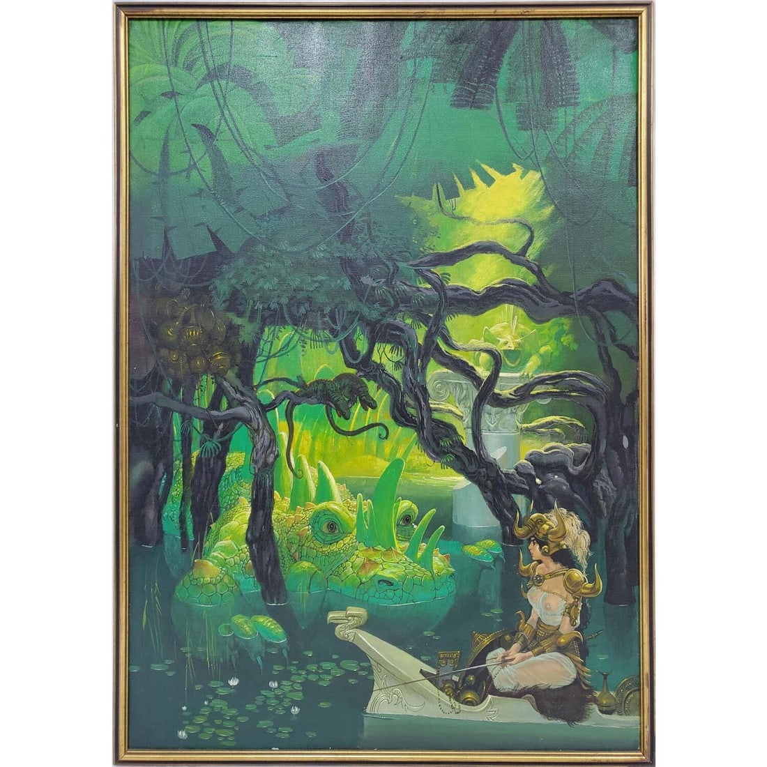 Attrib. to Roger Dean Large Oil Painting: Large Painting Oil on Canvas Attributed to Roger Dean "Green Dragon". Apparently Unsigned. In Original Frame. Condition: Excellent. Dimensions: Sight-40" x 30". Frame-41.5" x 31.5". Provenance: From a