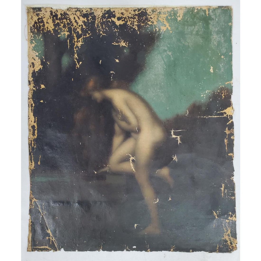 Attr. to Jean-Jacques Henner, French (1829-1905): Attributed to Jean-Jacques Henner, French (1829-1905) Exceptional Antique Painting Oil on Canvas "Seated Nude Woman at the Well". Apparently Unsigned. Removed From Stretcher. Condition: Needs Major Re