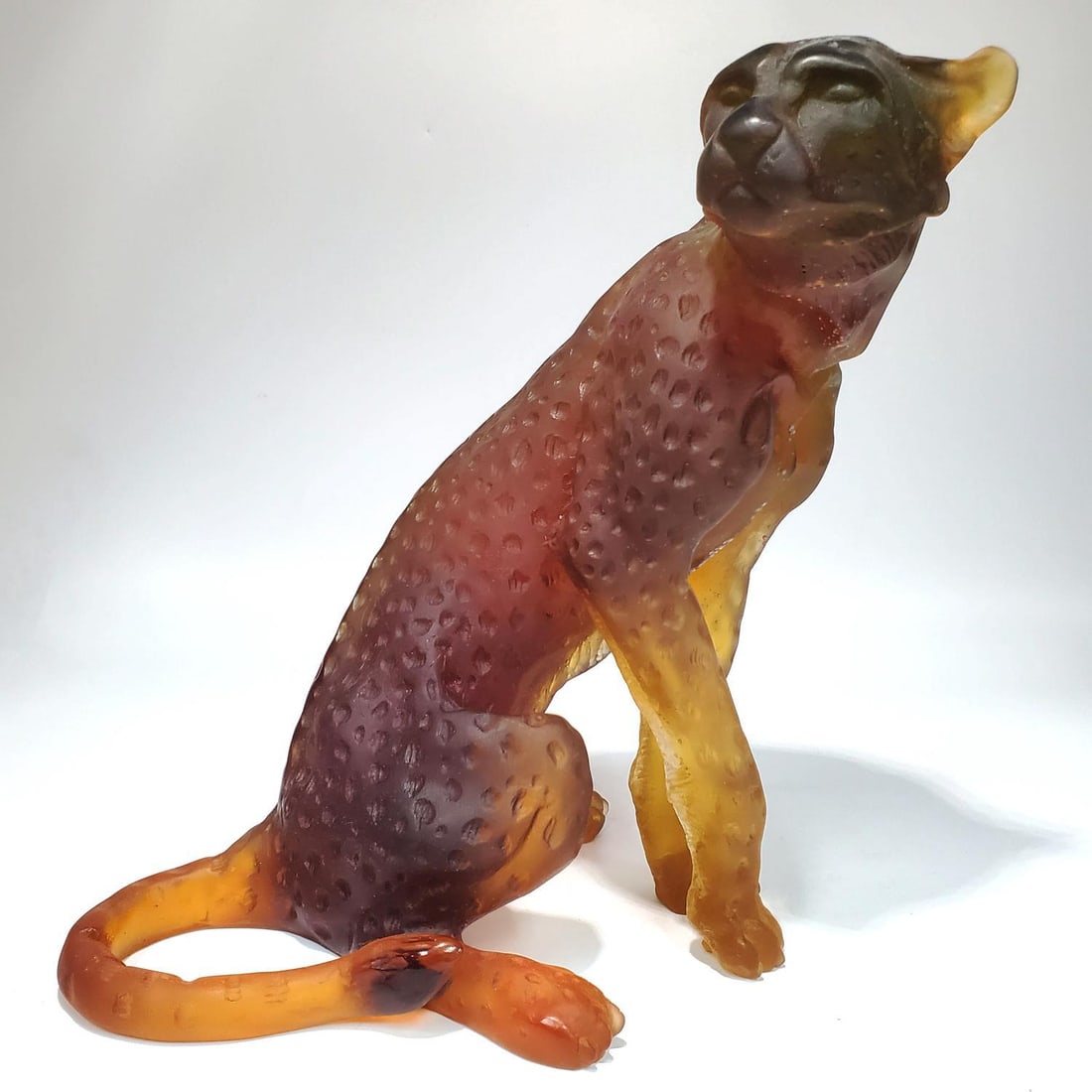 Jean-Francois Leroy For Daum Lim. Ed. Cheetah: Daum France Limited Edition Large Cheetah Amber Art Glass Figure Designed by Jean-Francois Leroy. Fully Signed & Also Signed by The Artist. Numbered 646/1000.Condition: Excellent. Dimensions: H-10.75"