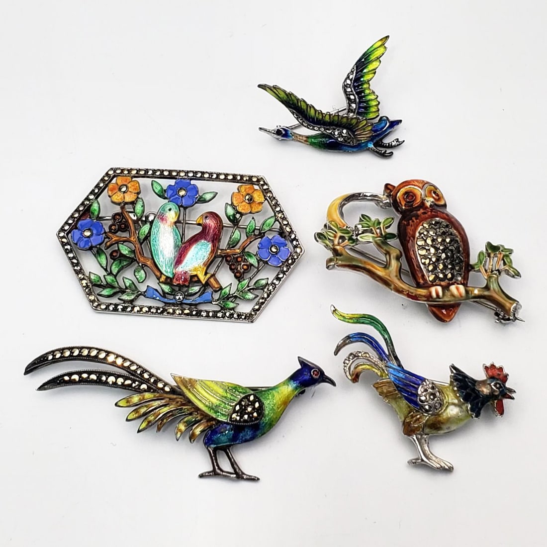 5 Unusual Sterling Silver & Enamel Bird Brooches (1 of 7)