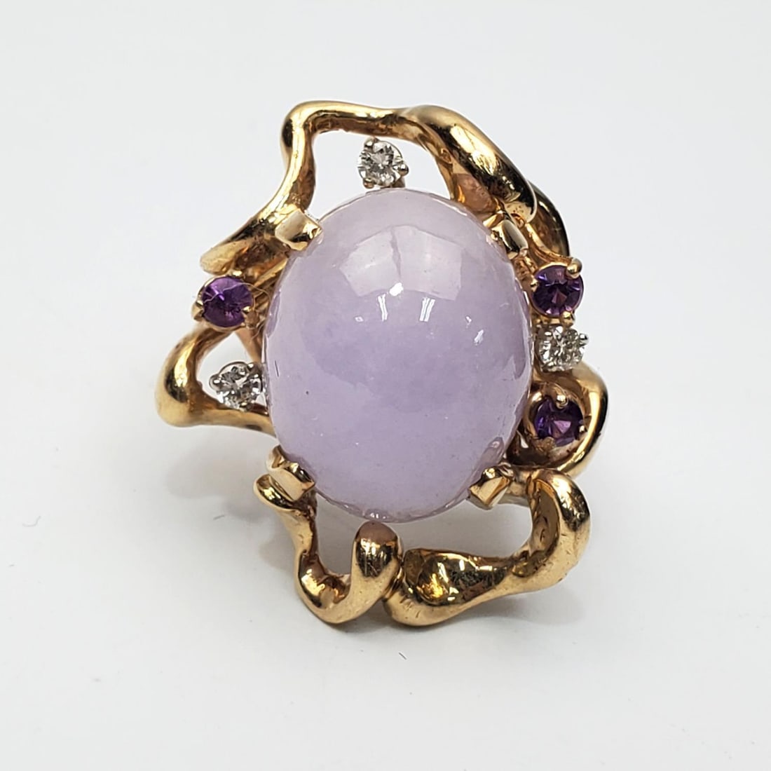 Large 14K Gold, Diamonds & Lavender Jade Ring: Large 14K Gold, Diamonds & Lavender Jade Ring. Please Note- Due to Recent Fraudulent Activity, All Jewelry Items Purchased by New Customers Cannot Be Shipped Out Until 3 Weeks After The Auction Date.