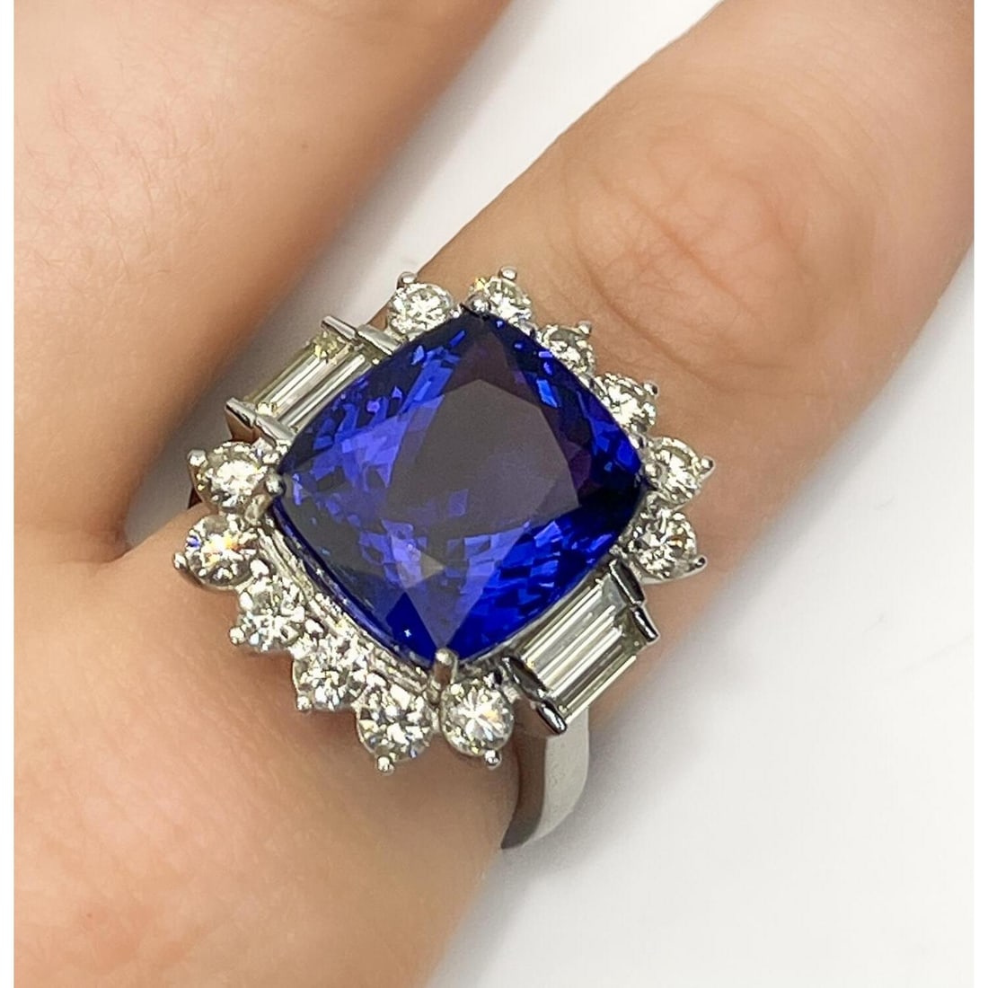 Exceptional 14K White Gold & Large Tanzanite Ring: Exceptional & Large 14K White Gold, Cushion Cut Tanzanite & Diamond Ring. The Tanzanite is 10.50 Carats & There is a Total of 1.80 Carats Of Diamonds. Please Note- Due to Recent Fraudulent Activity, A