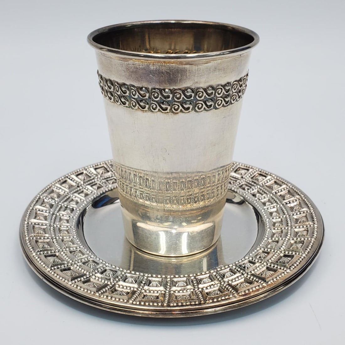Judaica Sterling Silver Kiddish Cup w/ Under Plate (1 of 3)
