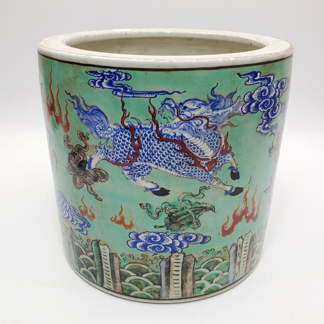 Chinese Large Porcelain Brush Pot or Planter Vase: Chinese Large Porcelain Brush Pot or Planter Vase. Signed At The Bottom. Condition: Generally Very Good. Dimensions: H-8" x Dia-8.5". Provenance: From a Long Island, NY Home. Please note the absence o