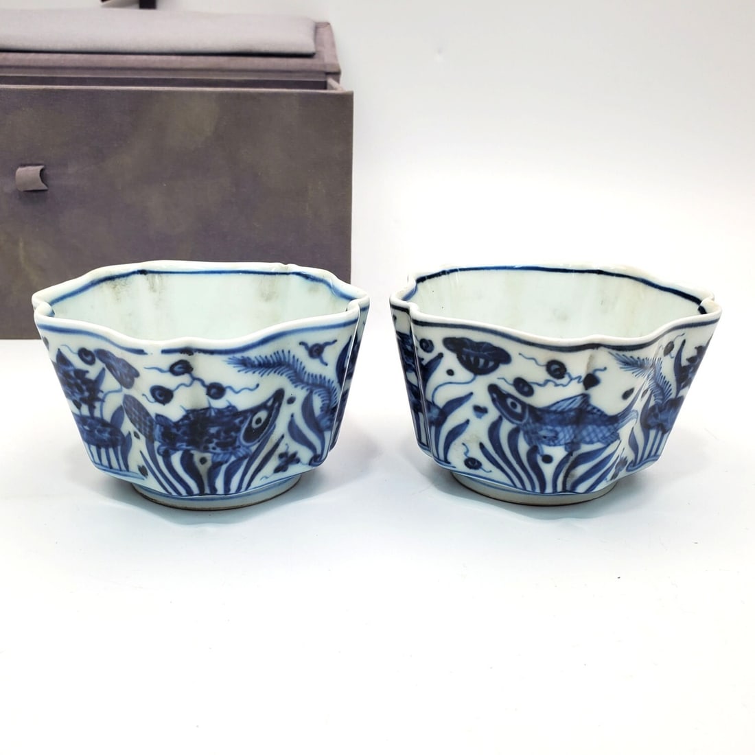 Chinese Pair of Signed Blue & White Porcelain Cups (1 of 4)