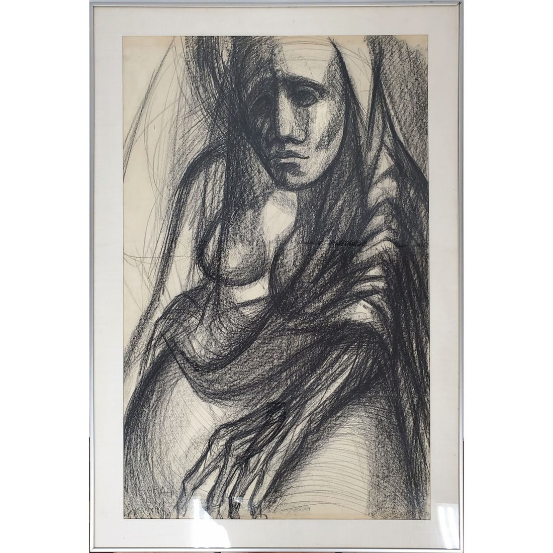 Arnold Belkin, Mexican/Canadian (1930-1992): Arnold Belkin, Mexican/Canadian (1930-1992) Large Painting Charcoal on Paper "Sarah". Signed, Titled & Dated '60 on Lower Left. Please Note, Sarah Was Arnold Belkin's Daughter. In Original Frame Under