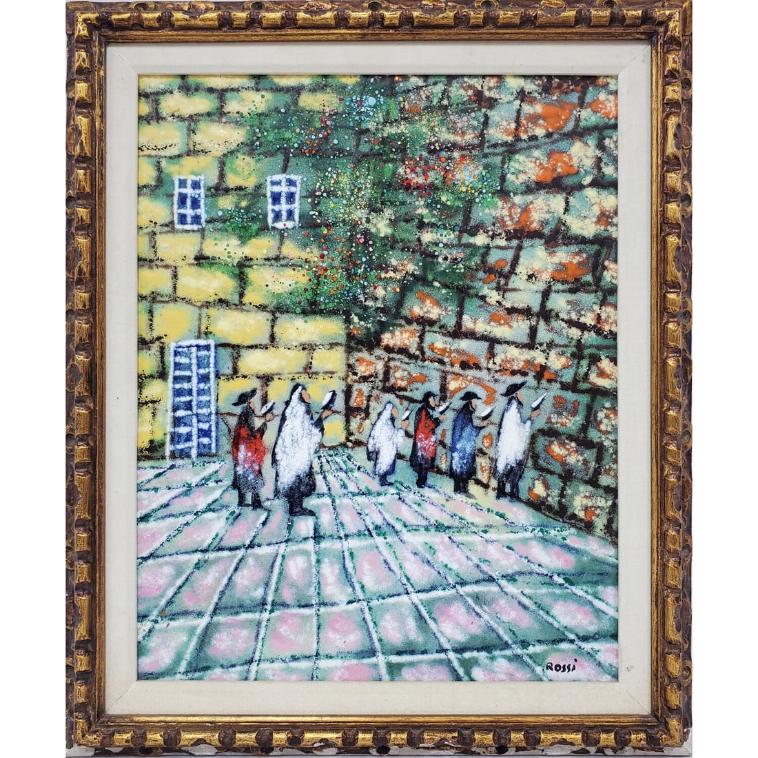 Judaica Signed Vintage Painting Enamel on Copper: Judaica Signed Vintage Painting Enamel on Copper "Wailing Wall" by "Rossi". Probably c.1960's. Signed Lower Right. In Original Frame. Condition: Generally Very Good. Dimensions: Sight-20" x 16". Frame
