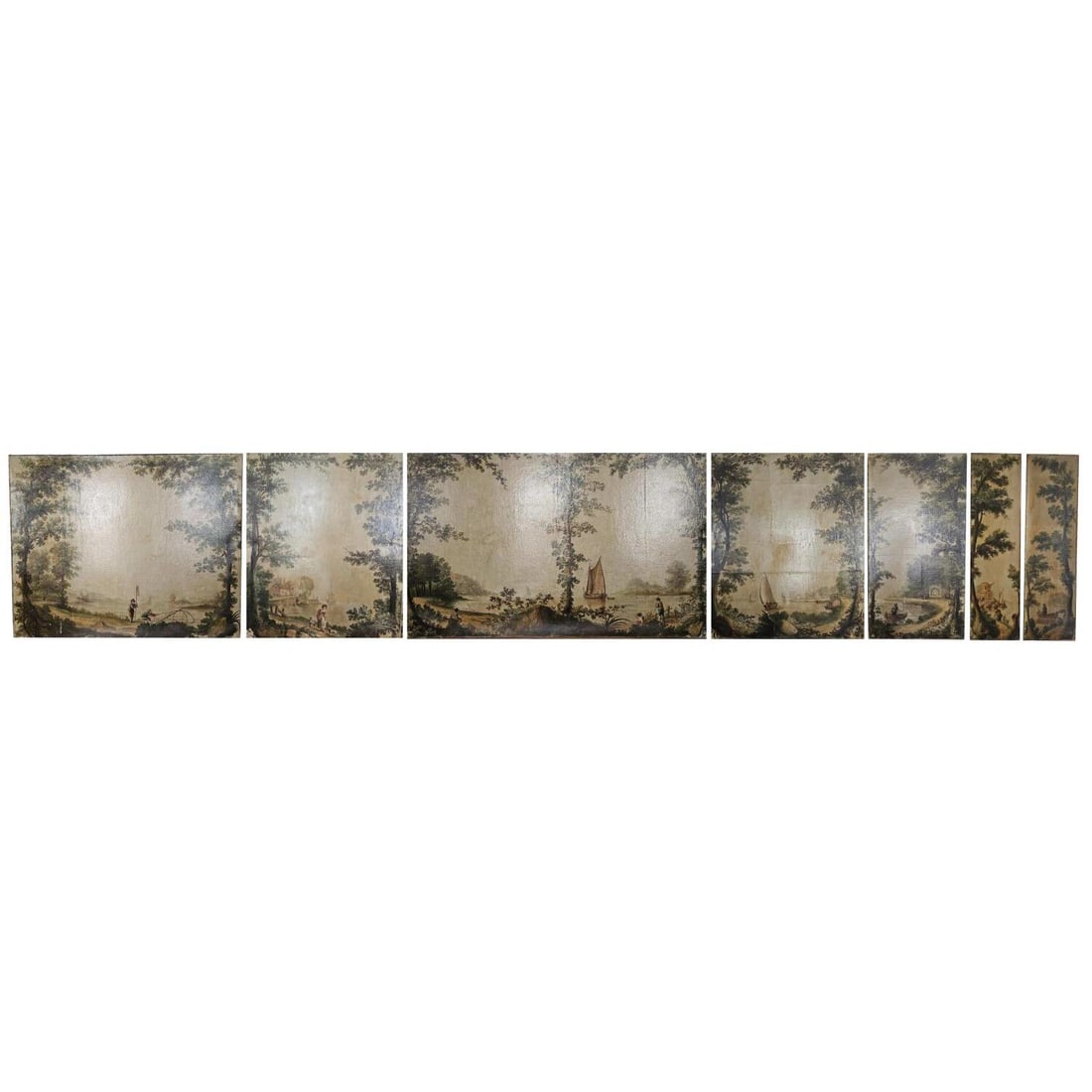 7 Antique Monumental Paintings Oil on Canvas: 7 Antique Monumental Paintings Oil on Canvas Possibly Depicting Scenes of The North Shore of Long Island. These Paintings Hung on The Walls of a Ballroom in a 150 Year Old Mansion Located on The Gold