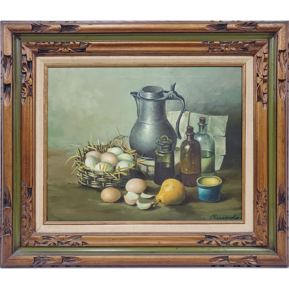 Vintage Signed Painting Oil on Canvas "Still Life": Vintage Signed Painting Oil on Canvas "Still Life" in Original Frame. Probably Circa 1960s or 1970s. Condition: Excellent. Dimensions: Sight: 20" x 16". Frame: 28.5" x 22.5". Provenance: From a Long I
