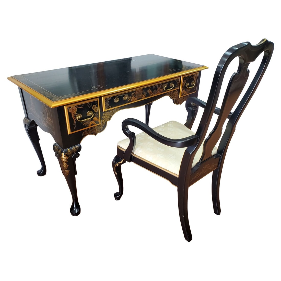 Vintage Maddox Tables of Jamestown Desk & Chair: Vintage Maddox Tables of Jamestown, New York Louis XV Style Black Chinoiserie Desk & Chair w/ Hand Painted Gold Details & Cabriole Legs. Circa 1950's or 60's. Fully Marked. Condition: Generally Good.