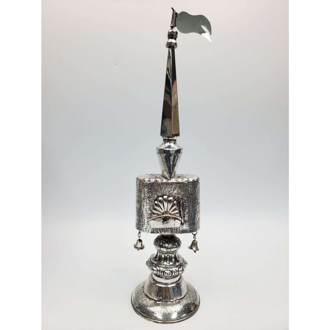 Judaica Large Silver Besamim Box: Judaica Large Silver Besamim Box. Fully Marked. Condition: Generally Good. Dimensions: H- 13". Weight: 7.85ozt. / 244.1g. Provenance: From a Long Island, NY Home. Please note the absence of a Conditio
