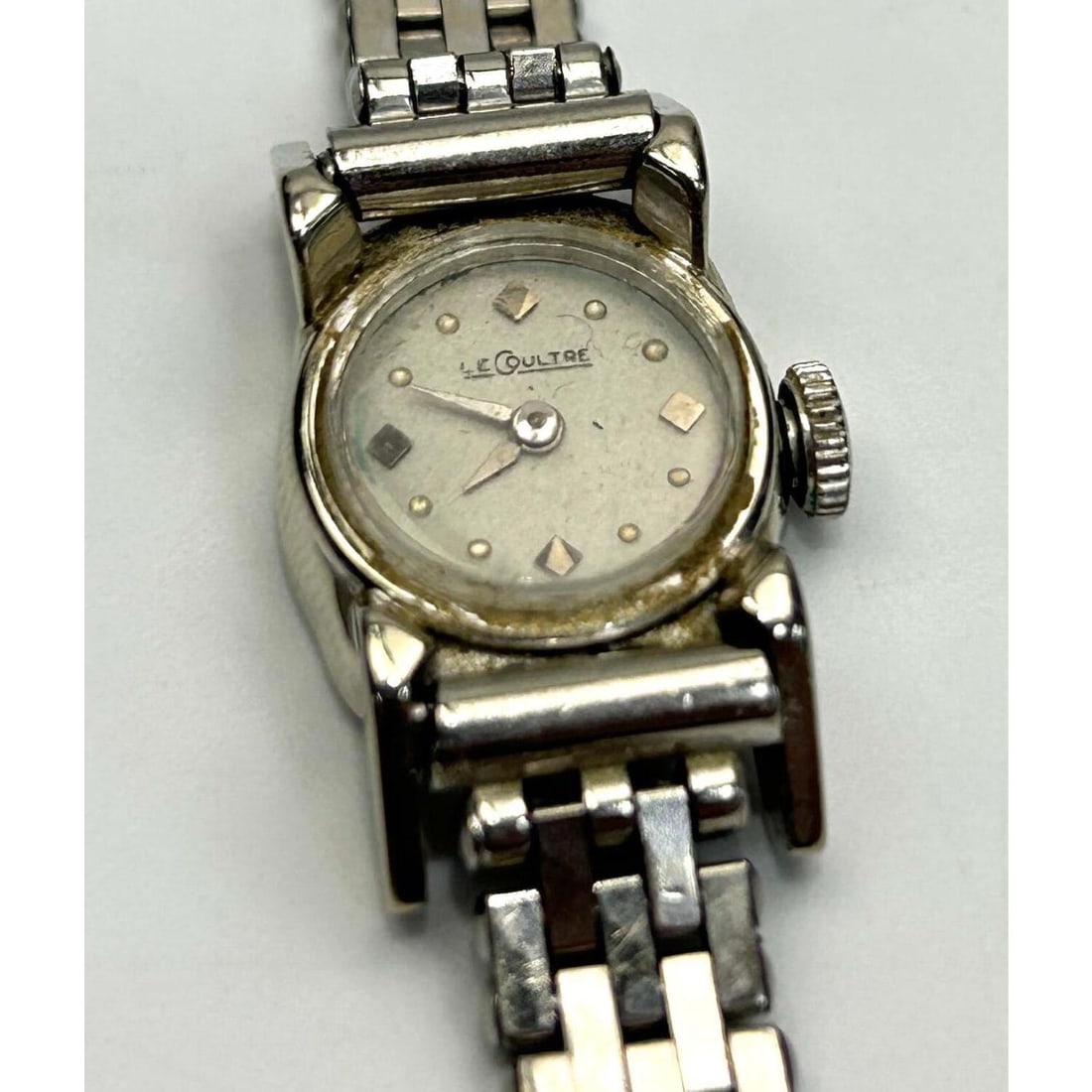 Vintage 14K White Gold LeCoultre Ladies Watch: Vintage 14K White Gold LeCoultre Ladies Mechanical Wrist Watch. The Band is Not Gold. Please Note- Due to Recent Fraudulent Activity, All Jewelry Items Purchased by New Customers Cannot Be Shipped Out