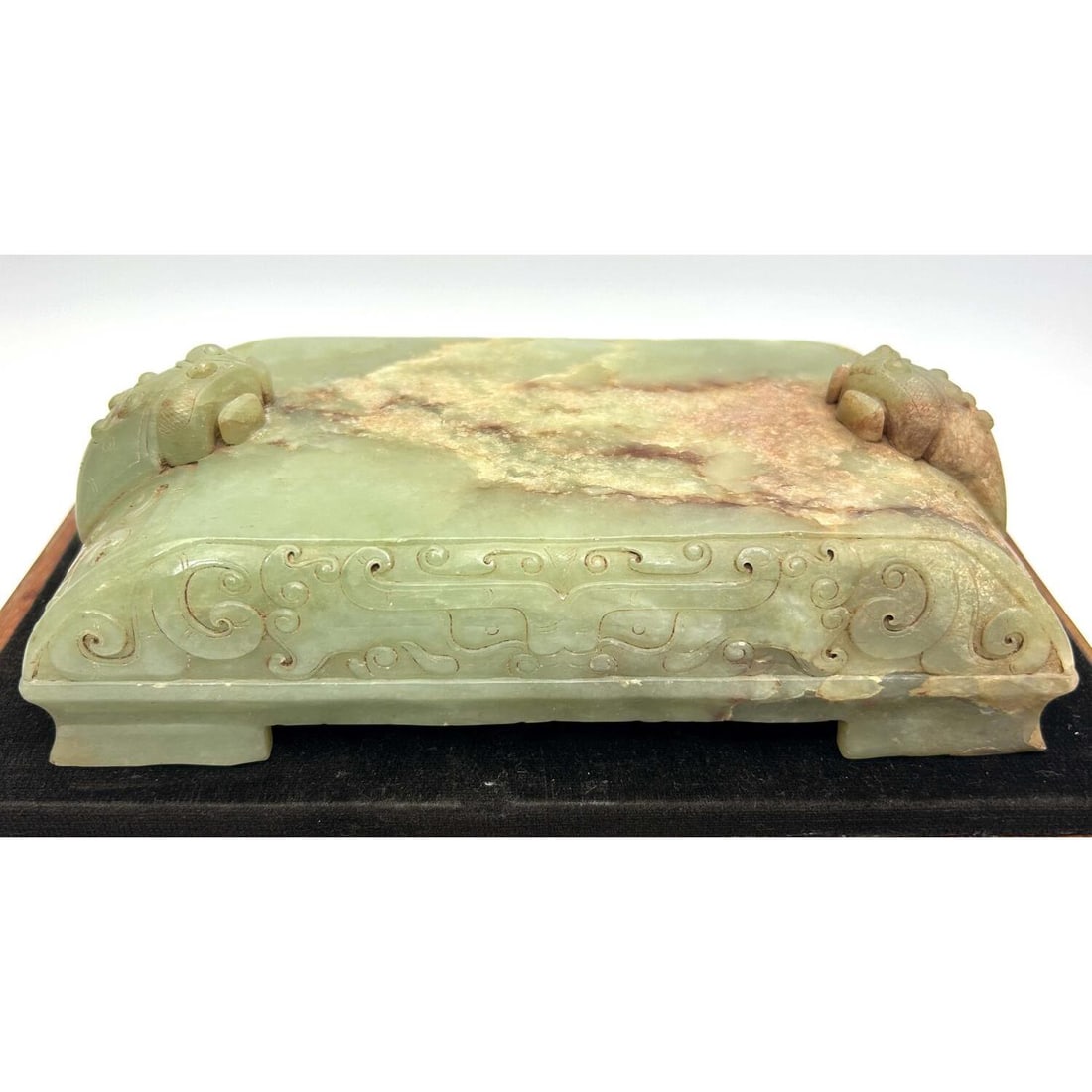 Chinese Probably Jade Beautifully Carved Pedestal: Chinese Probably Jade Beautifully Carved Pedestal In Original Wood & Glass Case. Condition: Generally Very Good. Dimensions: Pedestal W- 7.4" x D- 4.1" x H- 2.4". Box W- 10.3" x D- 6.3" x H- 6.3". Pro