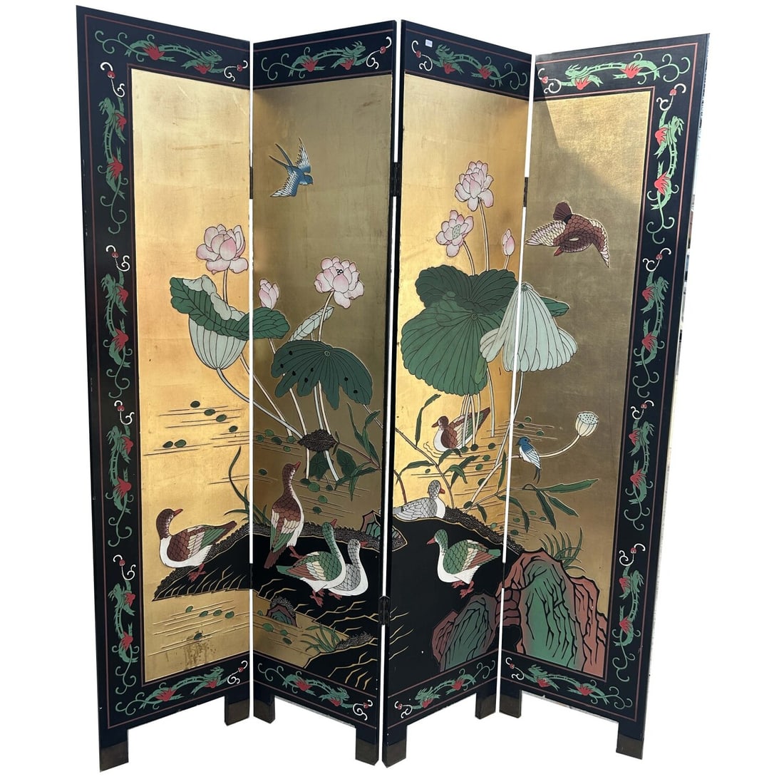 Vintage Chinese Black Lacquer & Gold Leaf Screen (1 of 10)