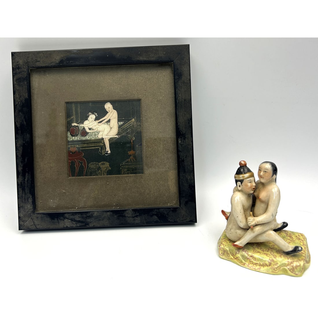 Lot of 2 Chinese Erotic Items; Figure & Print: Lot of 2 Chinese Erotic Items Including a Signed Porcelain Figure & a Print. Print is Framed Under Glass & Has Not Been Examined Out of Frame. Condition: Generally Very Good. Dimensions: Figure-H-4".