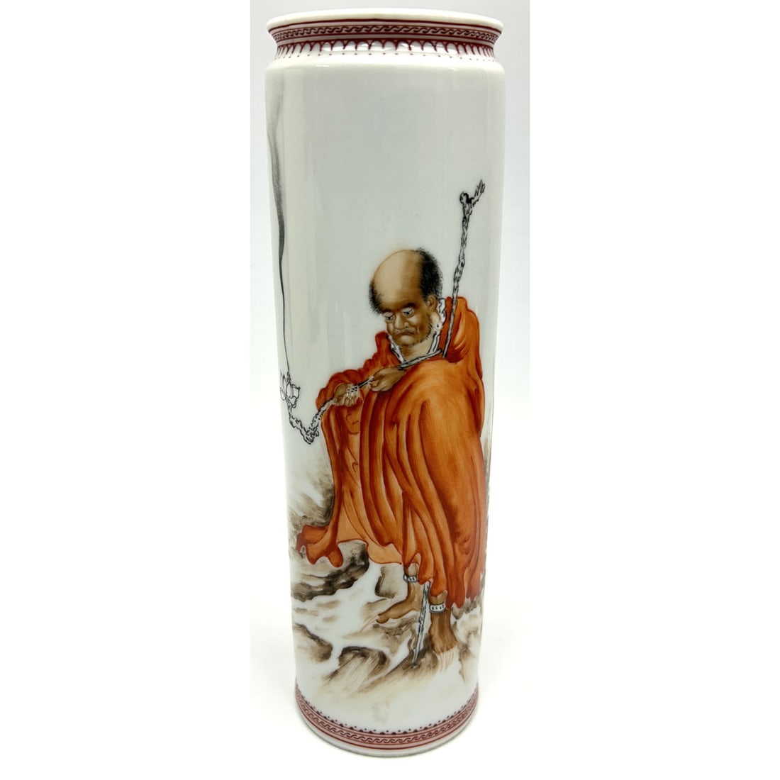 Chinese Vase W/ Hand Painted Deity: Chinese Vase W/ Hand Painted Deity. Marked At The Bottom. Condition: Generally Very Good. Dimensions: H- 8.25" x Dia- 2.5". Provenance: From a Long Island, NY Home. Please note the absence of a Condit