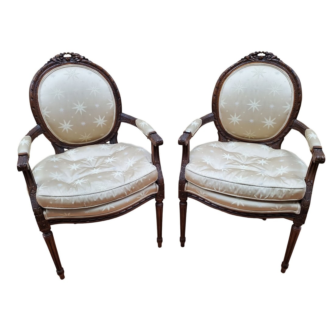 Pair of Louis XVI Style Arm Chairs: Pair of Louis XVI Style Arm Chairs. Condition: Generally Good. Used. Dimensions: W- 24" x D- 20" x H- 39" Each. Provenance: From a Long Island, NY Home. Please note the absence of a Condition Report d